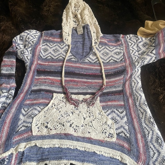 Boho Knit Hoodie with Crochet Accents size medium - Picture 1 of 12